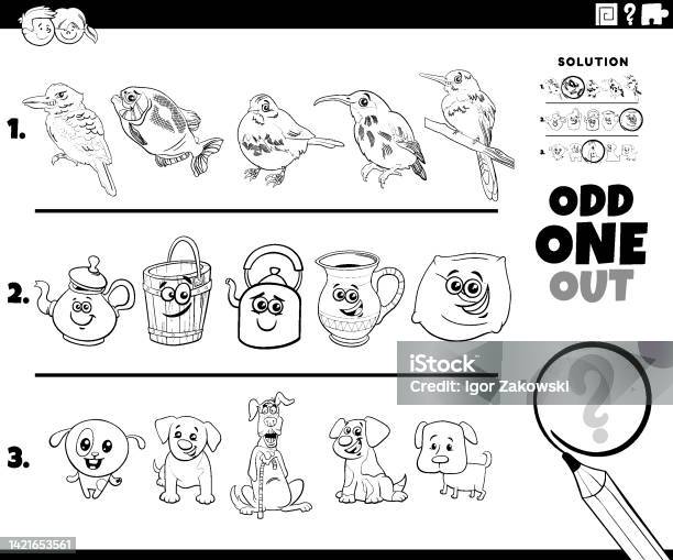 Odd one out puzzle with cartoon characters coloring page stock illustration