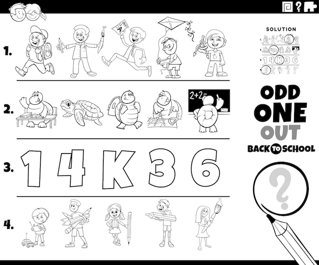 Premium vector odd one out puzzle with cartoon characters coloring page