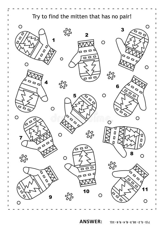 Puzzle and coloring page with mittens match the pairs spot the odd one out answer included stock image