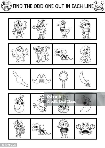 Find the odd one out circus black and white logical activity for children amusement show educational line quiz worksheet for kids for attention skills simple printable game or coloring page stock illustration