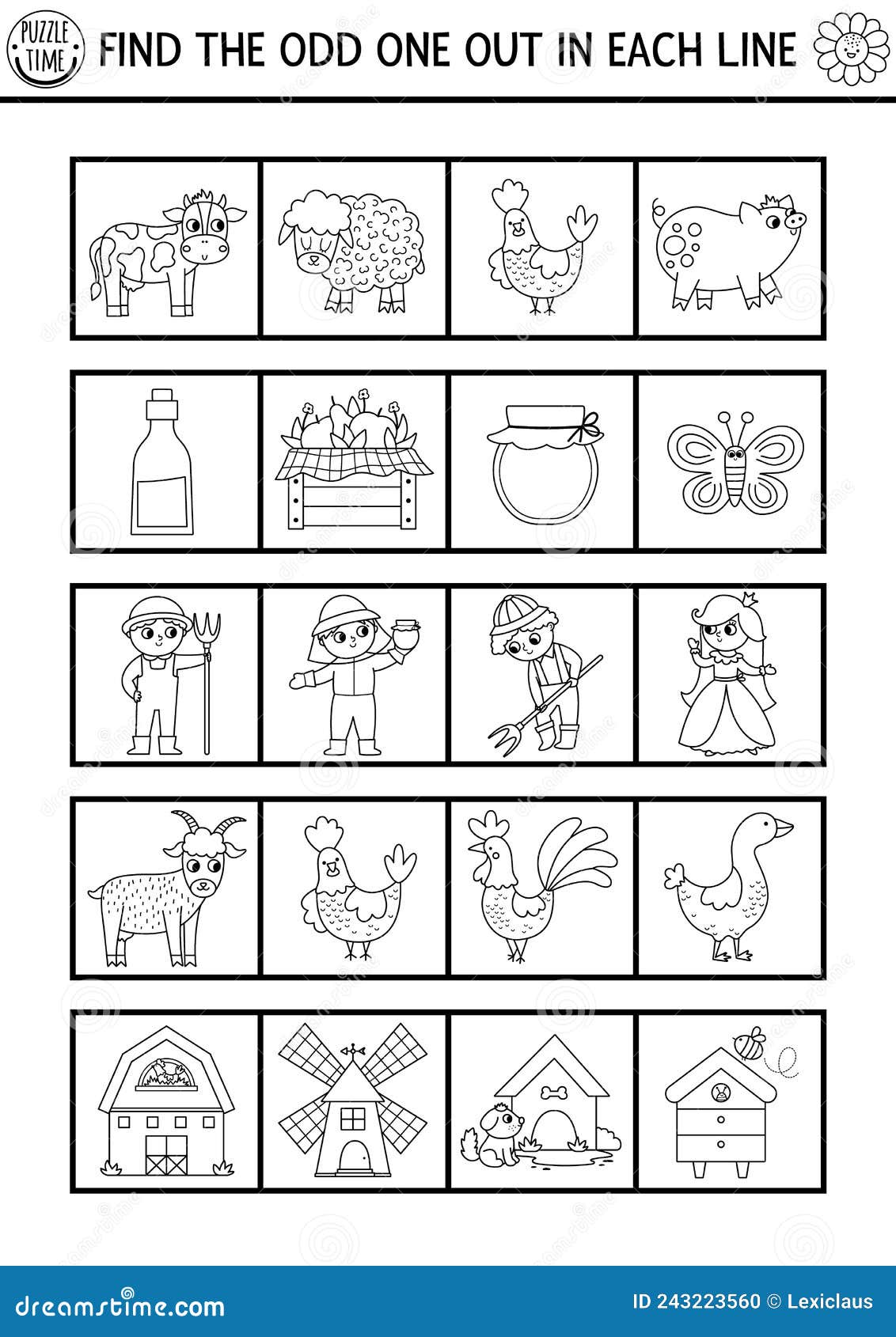 Find the odd one out on the farm black and white logical activity for children stock vector