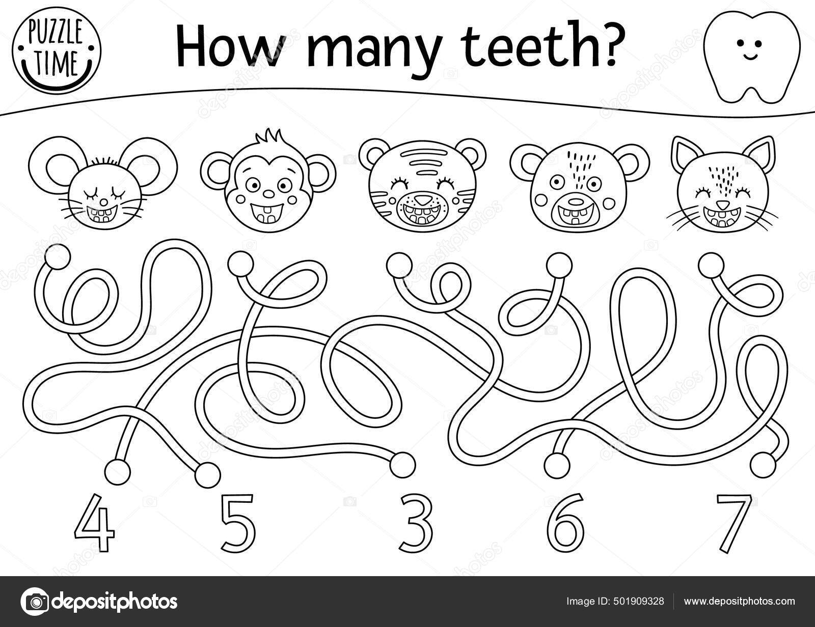 Black white dental care maze children preschool outline math activity stock vector by lexiclaus