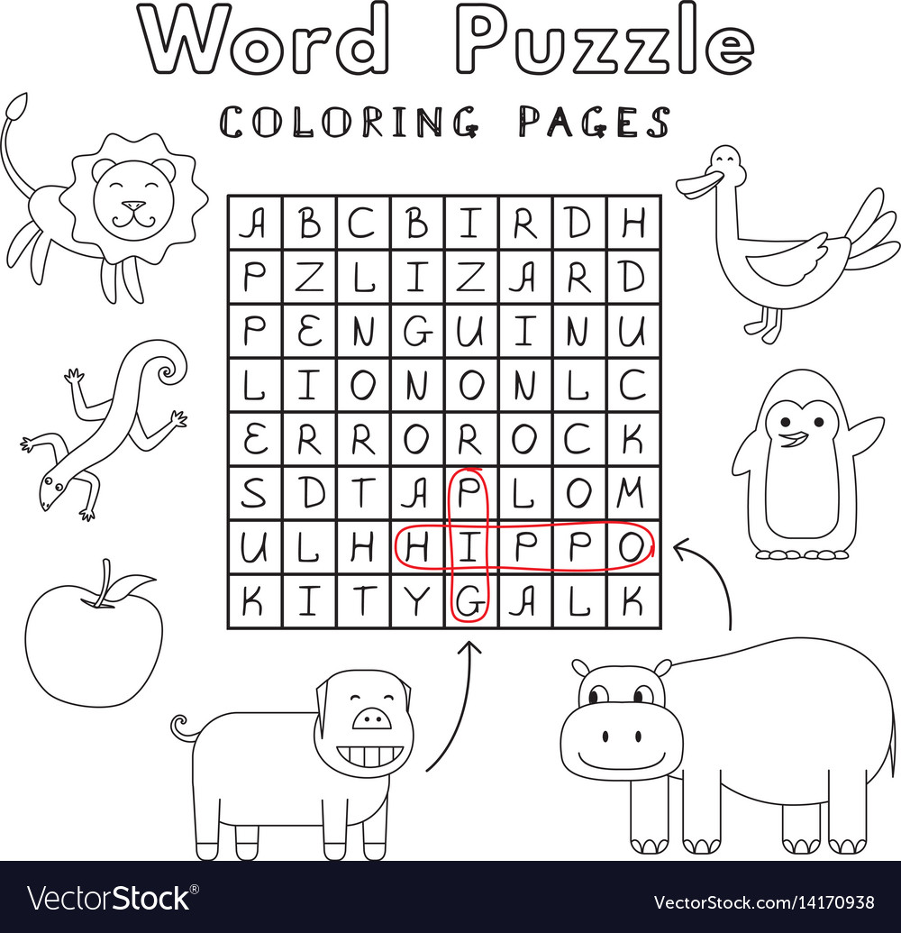 Funny animals coloring book word puzzle royalty free vector