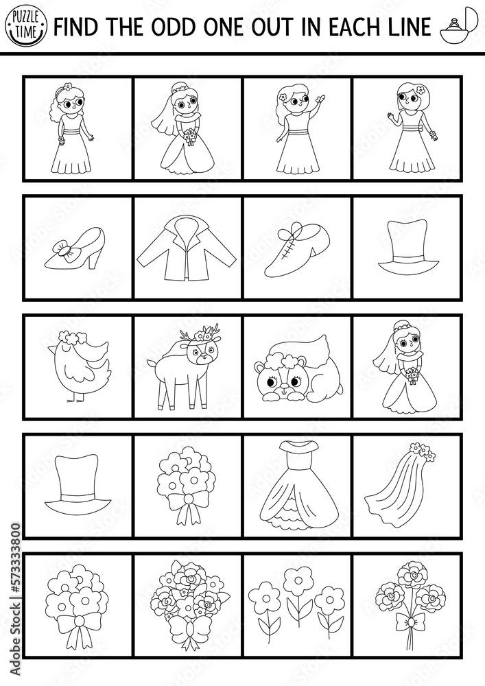 Find the odd one out wedding black and white logical activity for children marriage educational quiz worksheet for kids simple printable game or coloring page with cute bride and groom vector de