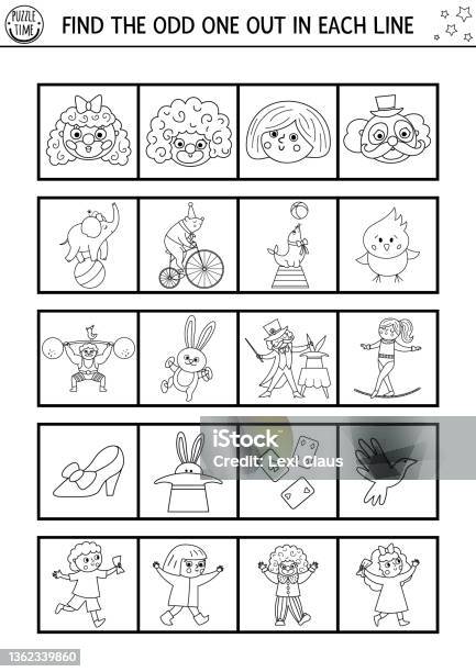 Find the odd one out circus black and white logical activity for children amusement show educational