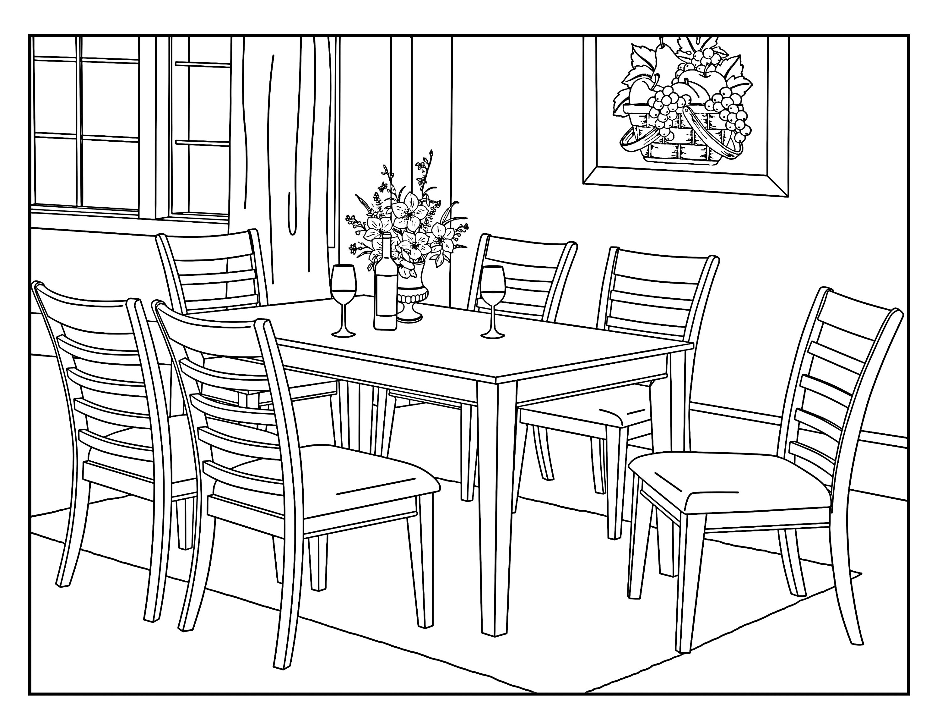 Dining room around the house coloring pages for adults printable coloring page instant download pdf