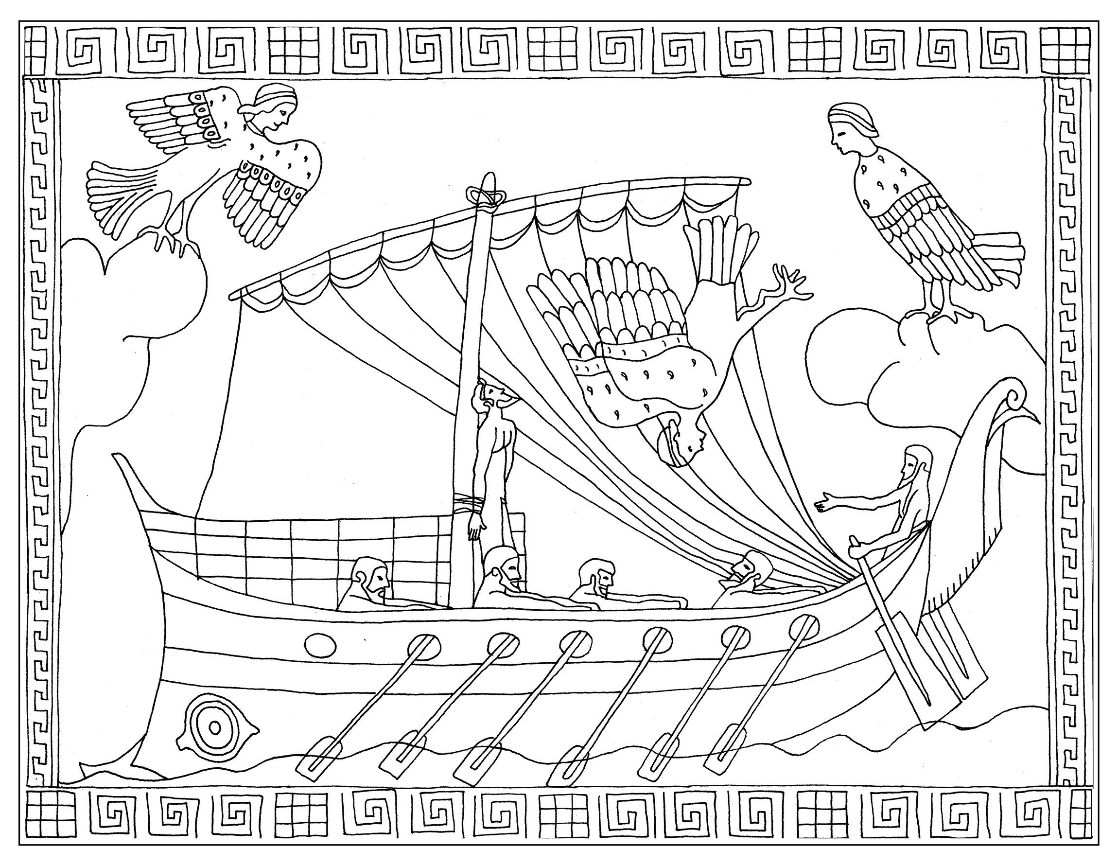 Coloring page inspired by a vase representing the episode of ulysses and the sirens stamnos homers odysseyâ adult coloring pages coloring pages adult coloring