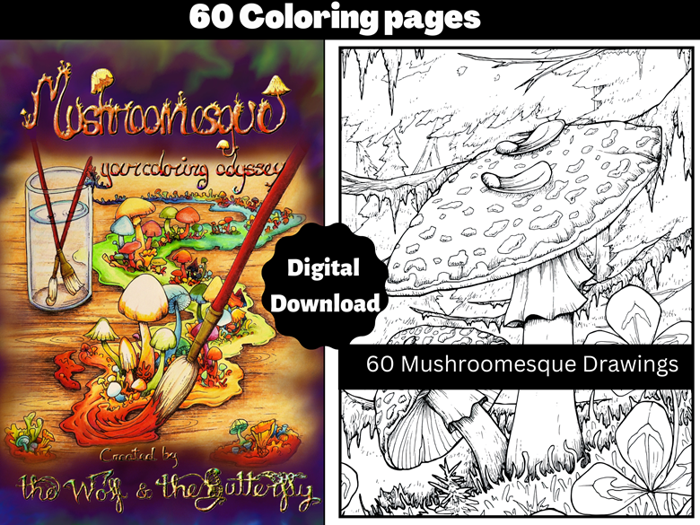 Mushroomesqueyour coloring odyssey coloring book for adults digital coloring pages printable pdf download