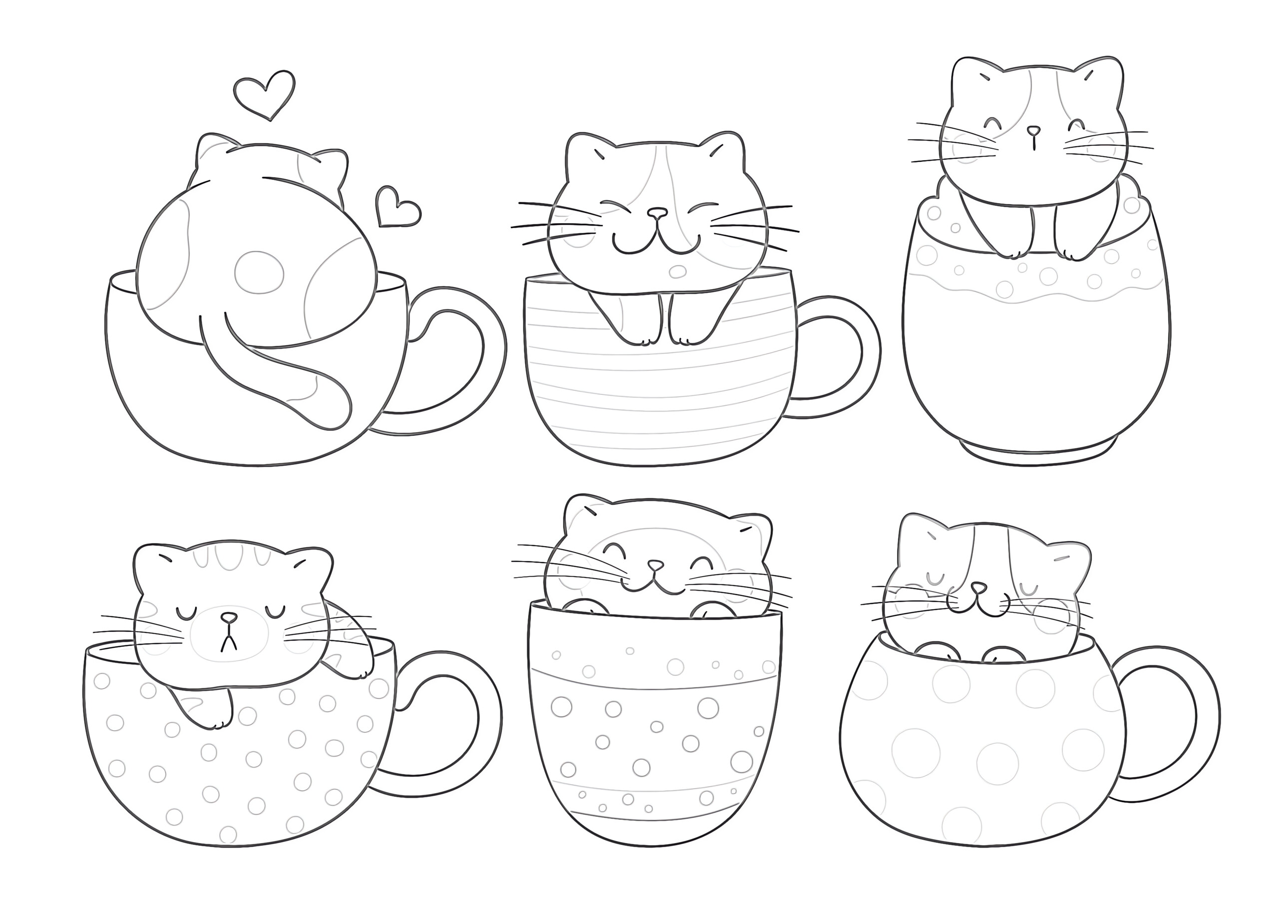 Printable cats in cups coloring page