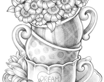 Tea cup cute coloring page printable for adult and kid flower coloring page for all ages decoration vintage pdf jpeg printable download