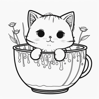 Cute cats in cups coloring pages for kids by knowledge and teaching toolbox