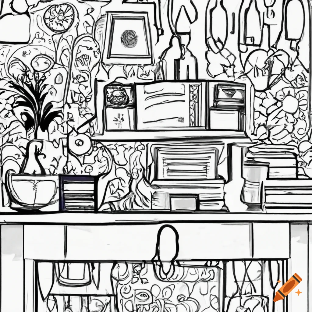 Office in coloring book style on