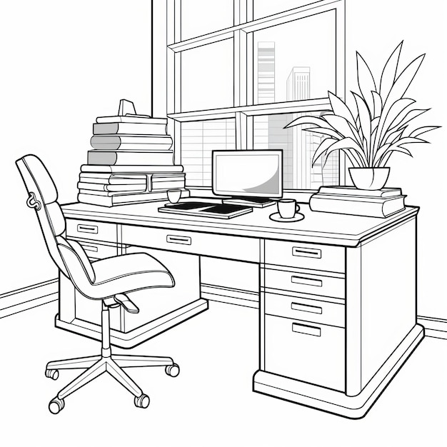 Premium ai image office workspace coloring page in maya lin style