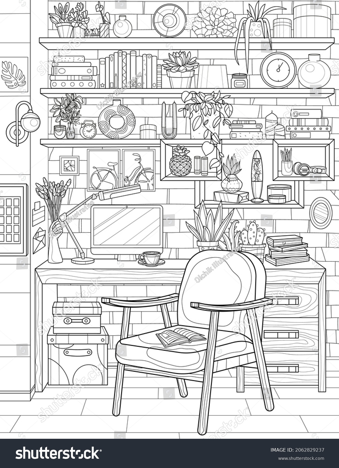 Cool home office interior coloring book stock illustration