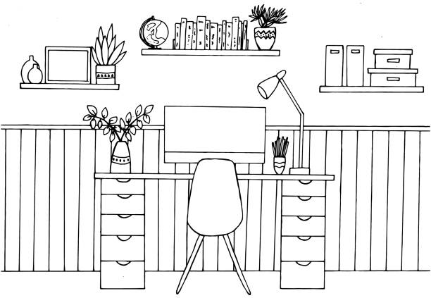 Study room coloring page vector stock illustration