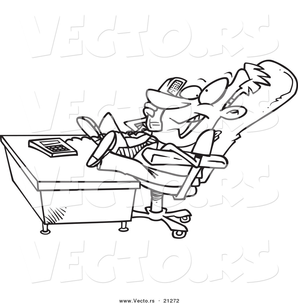 R of a cartoon businessman with his feet resting on office desk