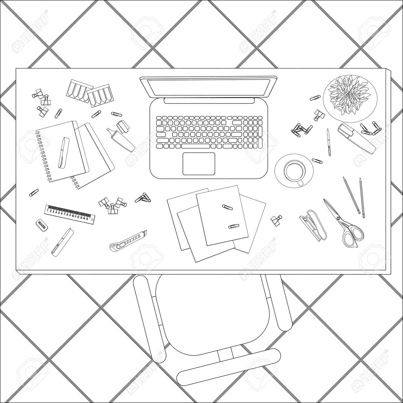 Coloring page work desk in office stationery coffee and small items simple vector illustration royalty free svg cliparts vectors and stock illustration image