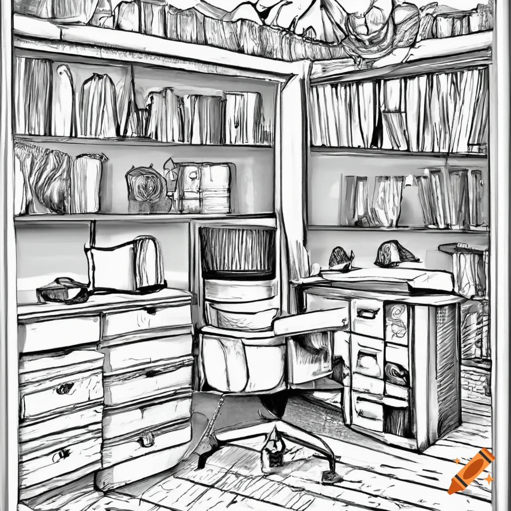 Office room in coloring book style