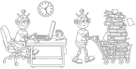 Cartoon set with a funny robot sitting at its desk typing on a laptop and pushing a cart full of folders with documents in an office black and white outline vector illustrations