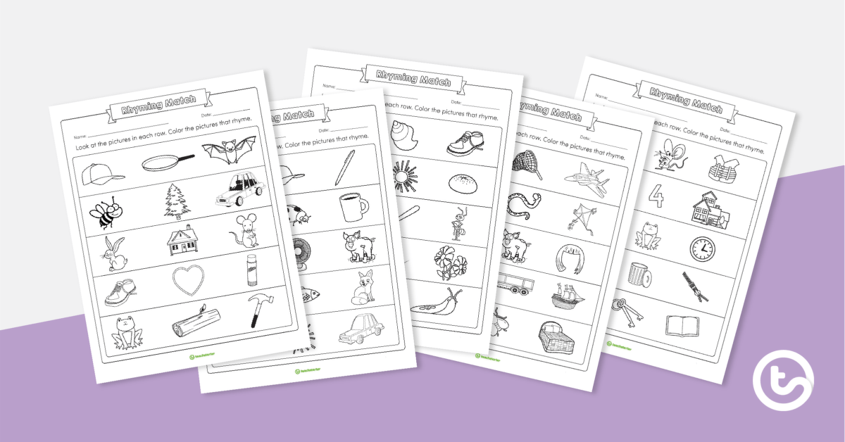 Rhyming match worksheets teach starter