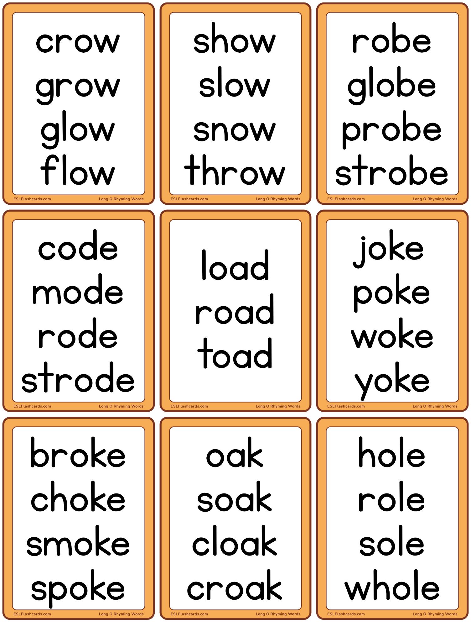 Long vowel rhyming words â esl flashcards