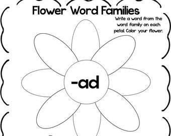 Printable flower word families worksheets preschool phonics activity instant download