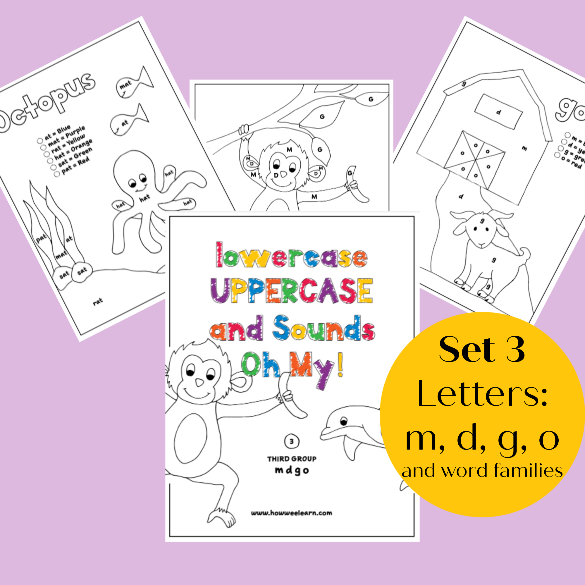 Alphabet coloring pages set letters m d g o