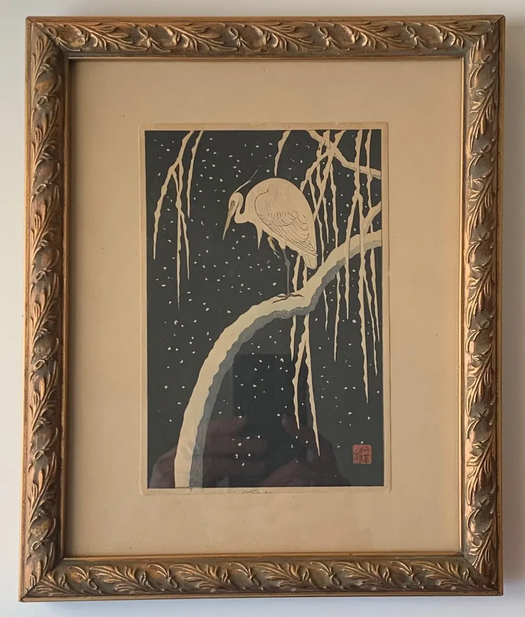 Ohara koson shoson heron in snow japanese woodblock print