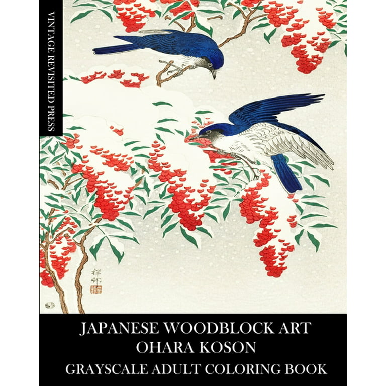 Japanese woodblock art ohara koson grayscale adult coloring book paperback