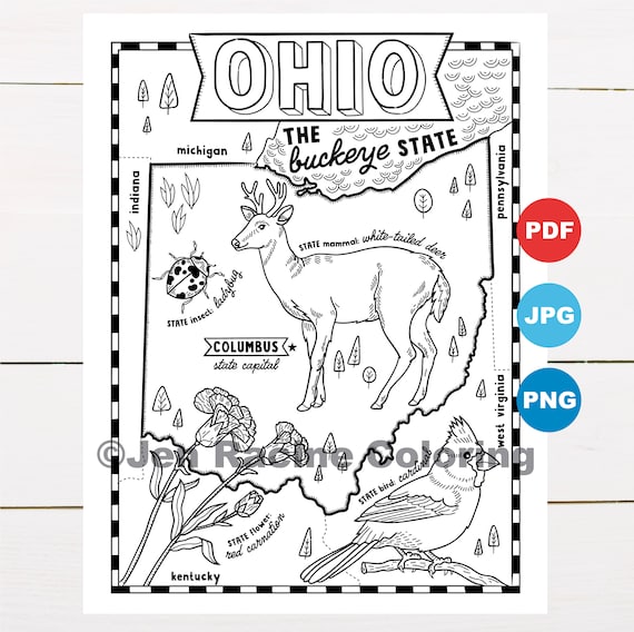 Ohio coloring page united states state map wildlife state symbols flowers coloring pages instant download