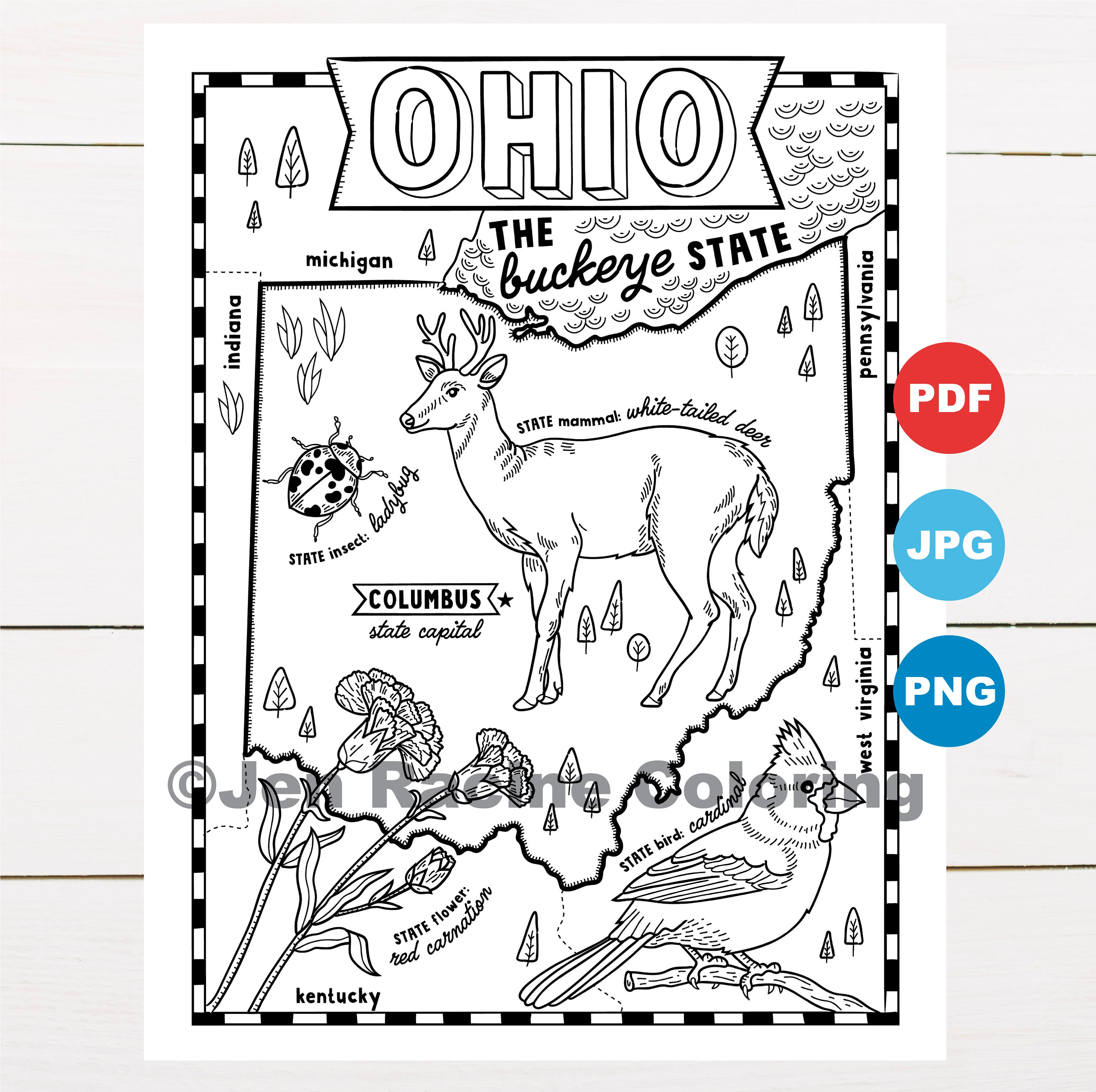 Ohio coloring page united states state map wildlife state symbols flowers coloring pages instant download