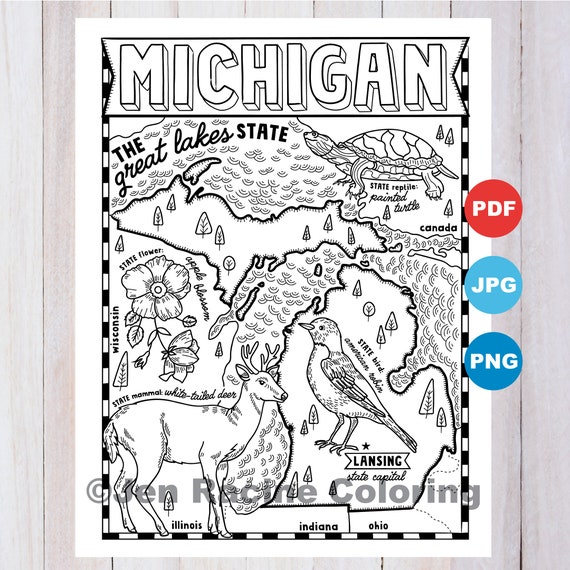 Michigan coloring page united states state map wildlife state symbols flowers coloring pages