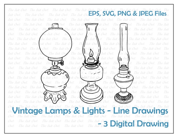 Oil lamp line drawings vintage style vector clipart