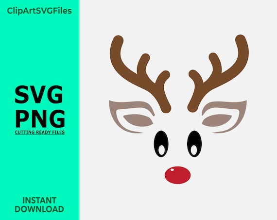 Christmas clipart reindeer with black eyes brown antlers and red nose male or unisex digital download svgpng