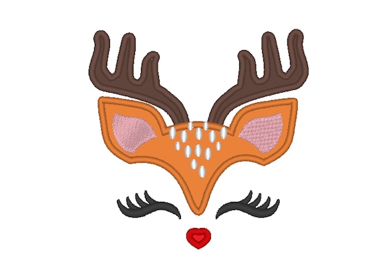 Pretty eyes reindeer face christmas machine embroidery applique design red noised reindeer head