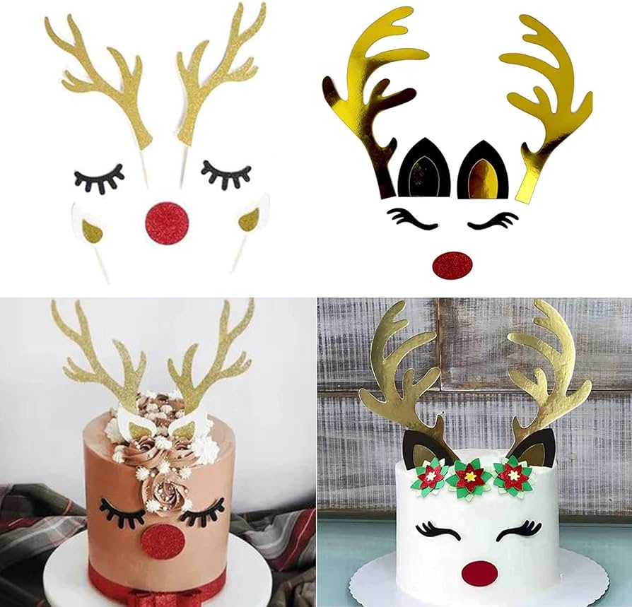 Saturey set christmas cake topper decorations reindeer antler with eyelashes nose ear for easter xmas party decor supplies grocery gourmet food