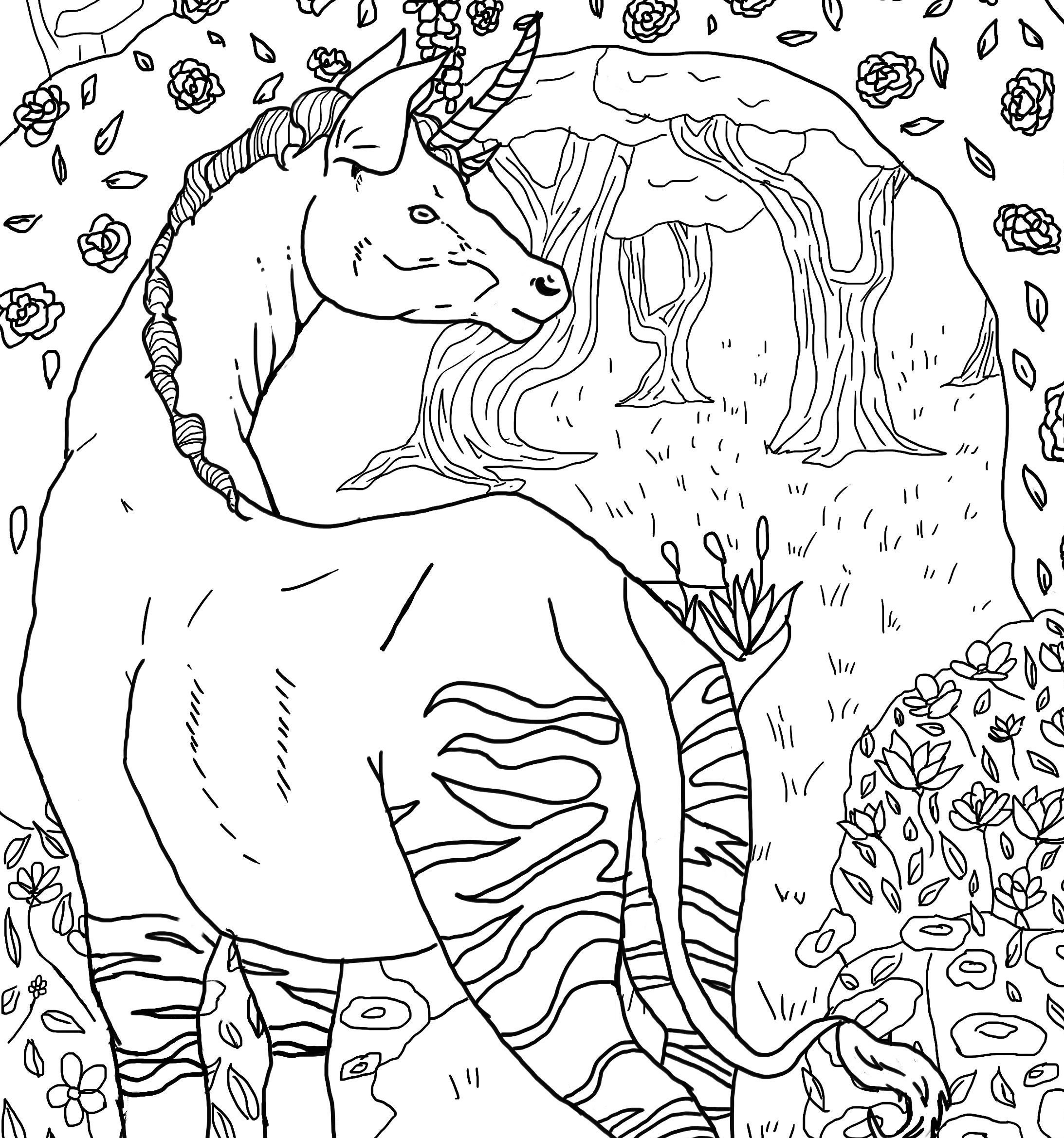 Okapi unicorn downloadable coloring page