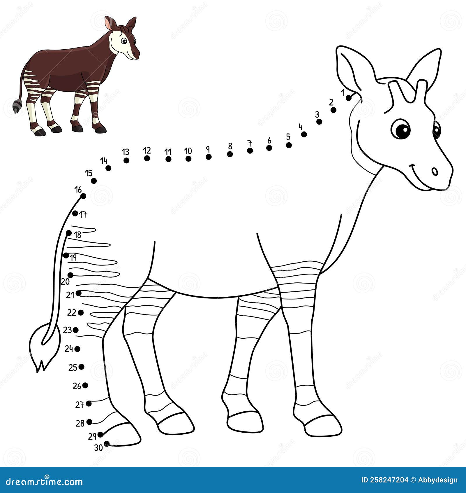 Dot to dot okapi animal isolated coloring stock vector