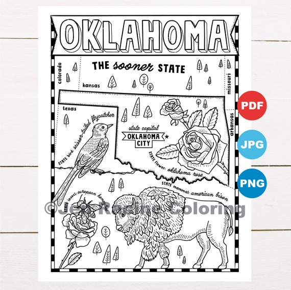 Oklahoma coloring page united states state map wildlife state symbols flowers coloring pages instant download