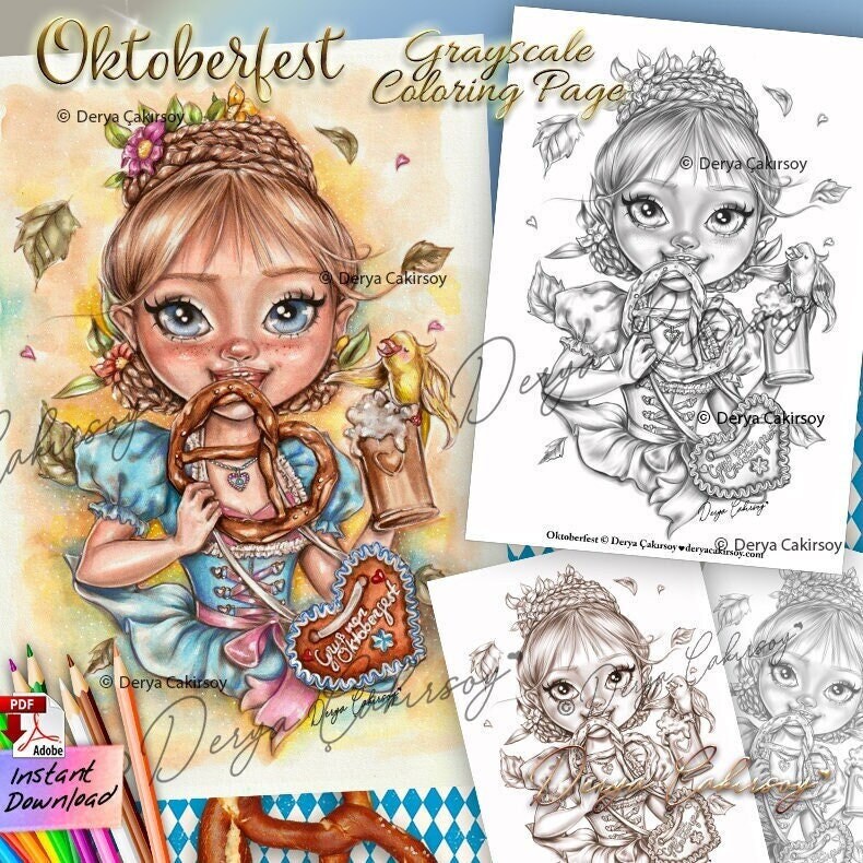 Oktoberfest grayscale premium coloring page cute big eyed illustration printable instant download pdf download now