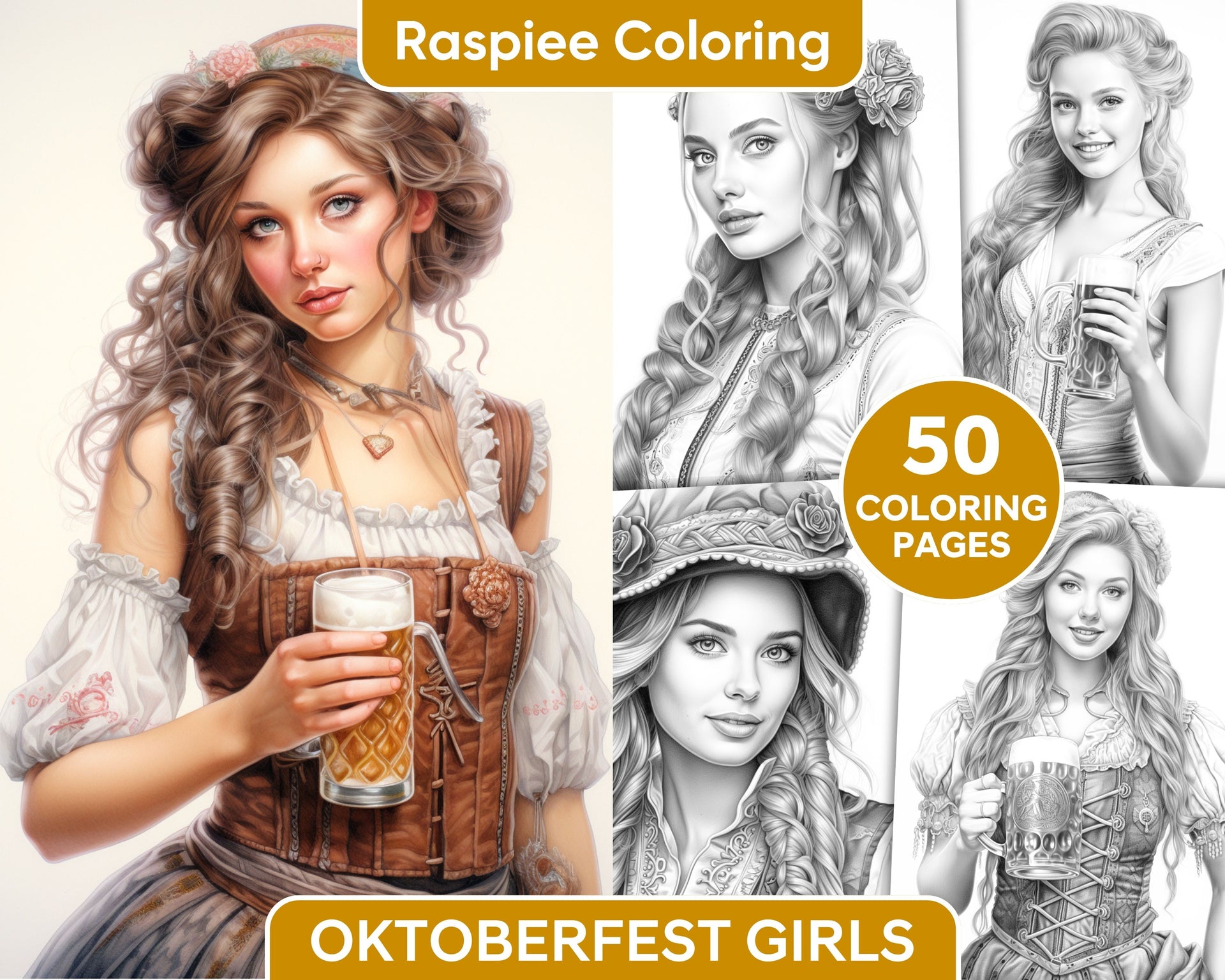 Oktoberfest girls grayscale coloring pages for adults printable pd â coloring