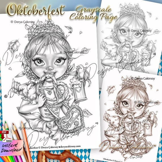 Oktoberfest grayscale premium coloring page cute big eyed illustration printable instant download pdf download now