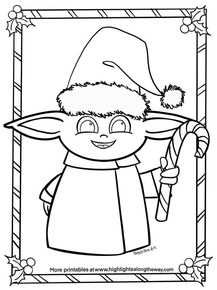 Baby yoda christmas printable coloring activity sheet