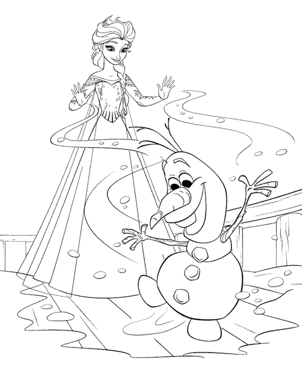 Princess elsa and olaf doing magic coloring page