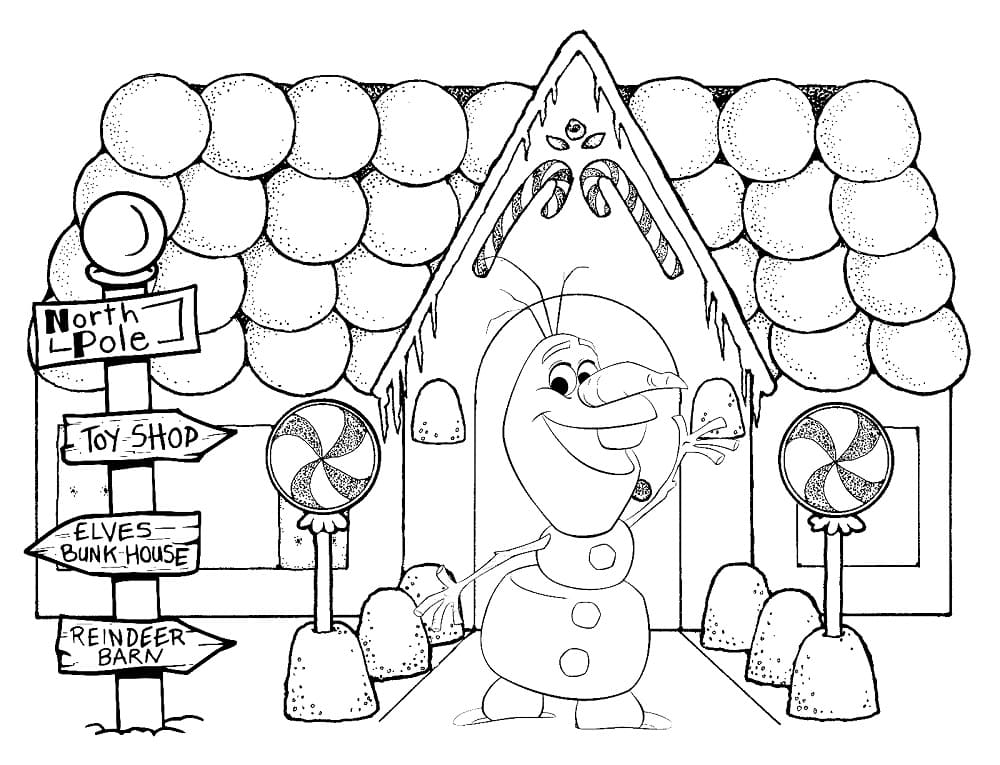 Olaf and gingerbread house coloring page