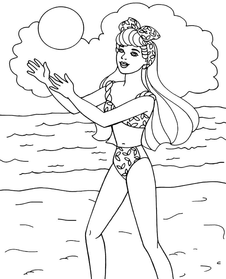 Barbie is playing beach volleyball coloring page