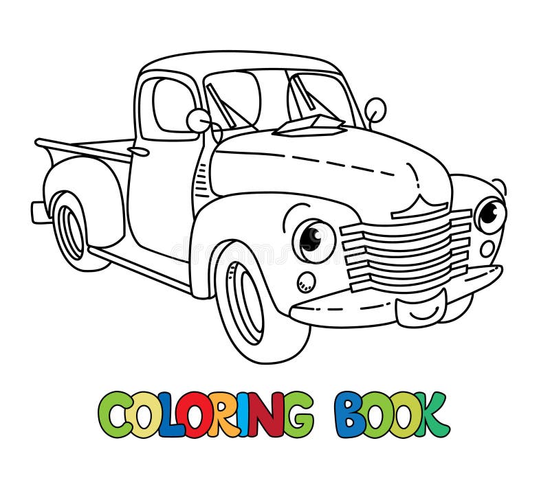 Funny small old truck with eyes coloring book stock vector