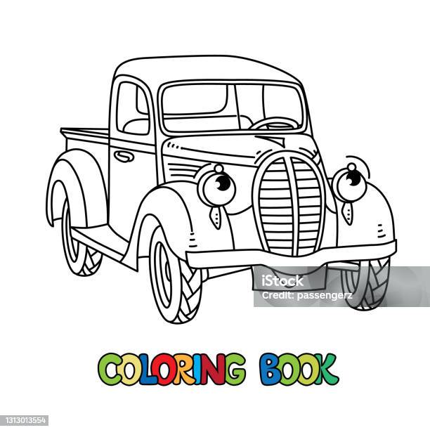 Funny small old truck with eyes coloring book stock illustration