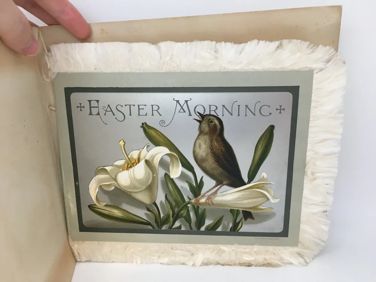 Antique victorian easter greeting card hand painted water color silk fringe edge