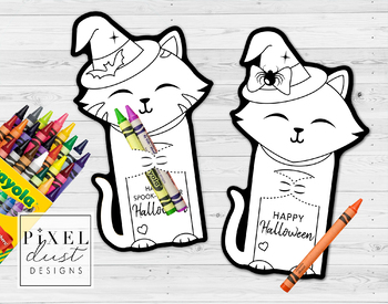 Halloween crayon treat holder printable coloring sheet cards cat frankenstein